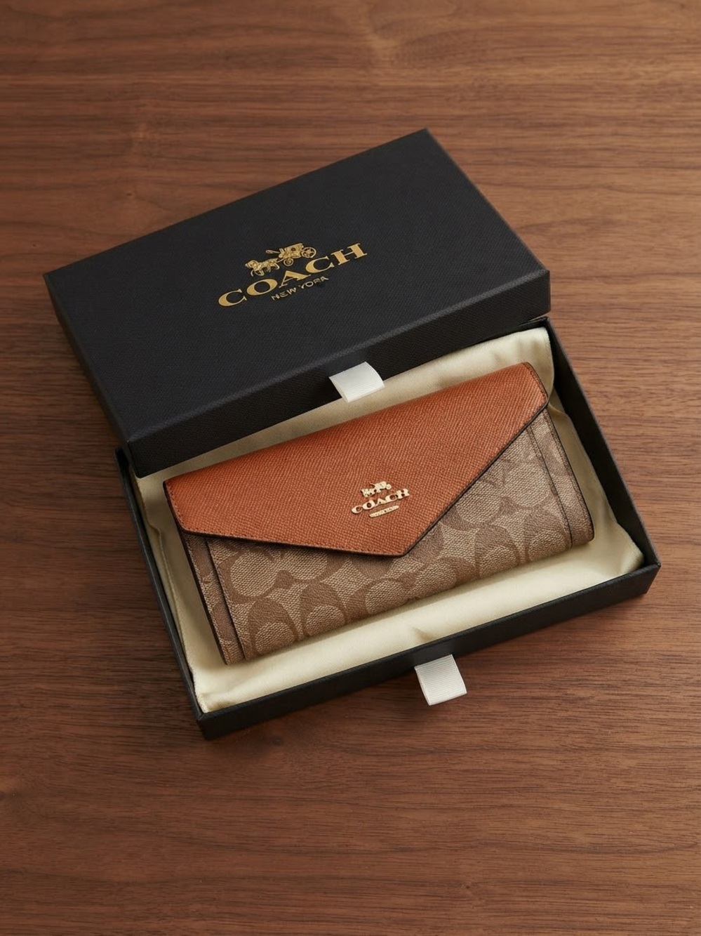 Coach Brown Logo Canvas Envelope Card Holder with Tan Leather Flap
